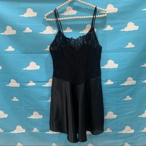 Vintage 90s Black Satin Lace Chemise Slip Dress